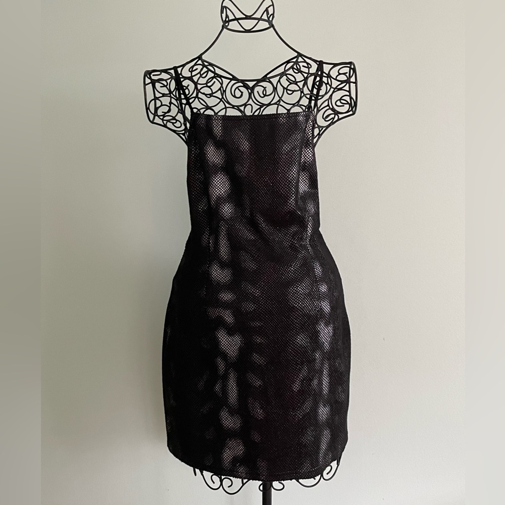 Backless mini dress in shiny black reptile print
